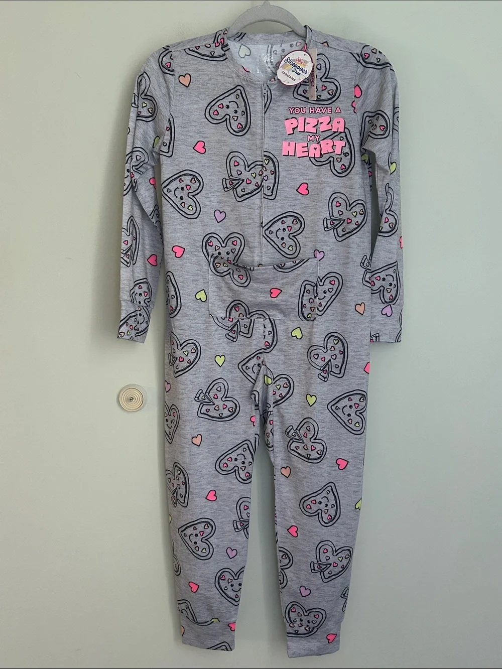 Justice Gray Heart Pizza Graphic One-Piece Pajamas with Pink Accents